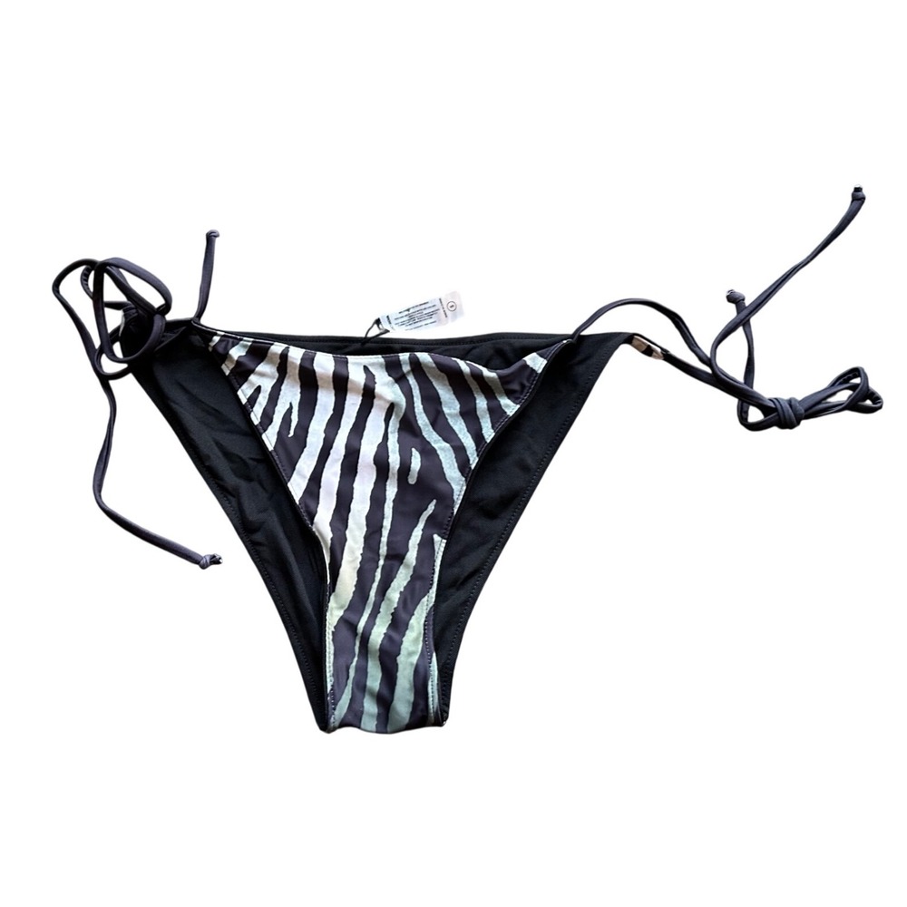 Fashion Nova Zebra Print Side Tie Bikini Bottom Black Sage Green Small 22024477